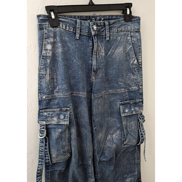Vibrant VBRT Women's Metallic Cargo Denim Jeans Size Small Wide‎ Leg Pockets - Picture 3 of 7